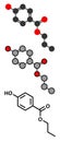 Propylparaben preservative molecule paraben class. Stylized 2D renderings and conventional skeletal formula.