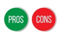 Pros and cons assessment analysis red left green right word text on buttons in empty white background.