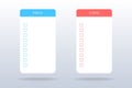 Pros and cons checklist. Isolated positive and negative survey. Evaluation of plus and minus. Pros and cons mockup in blue and red