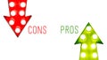 Pros and cons red and green left right up down vintage retro arrows illuminated light bulbs white background. Royalty Free Stock Photo