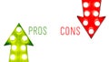 Pros and cons red and green right left up down vintage retro arrows illuminated light bulbs. Concept for advantages disadvantages Royalty Free Stock Photo