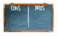 Pros and cons text words in white written on wide blue old grungy vintage wooden chalkboard retro blank blackboard