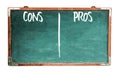 Pros and cons text words in white written on wide green old grungy vintage wooden chalkboard