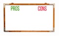 Pros and cons text words written on white wide old grungy vintage wooden empty chalkboard frame isolated
