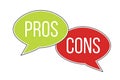 Pros versus cons arguments analysis red left green right word text on opposite balloon speech bubble Royalty Free Stock Photo