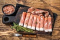 Prosciutto crudo Dry cured parma ham on a wooden cutting board with thyme. wooden background. Top View