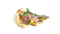 Prosciutto di parma pizza isolated on a white background. Pizza with Parma ham. Jamon. Italian cuisine.