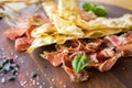 Prosciutto ham and grissini bread sticks. italian antipasto. Shallow dof.