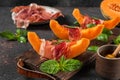 Prosciutto ham with melon cantaloupe slices, honey and basil on cutting board over dark background. Italian appetizer Royalty Free Stock Photo