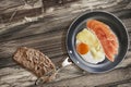 Prosciutto Rashers With Fried Egg In Frying Pan With Slice Of Brown Bread Set On Old Cracked Wooden Garden Table