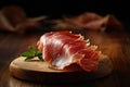 Prosciutto slices on the wooden board. Iberian ham also known as Jamon iberico. Generative Ai image