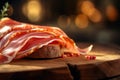 Prosciutto slices on the wooden board. Iberian ham also known as Jamon iberico. Generative Ai image