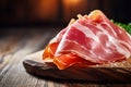 Prosciutto slices on the wooden board. Iberian ham also known as Jamon iberico. Generative Ai image