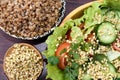 Prospects buckwheat. Cooked porridge. Fresh vegetable salad. Brown background