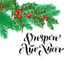 Prospero Ano Nuevo Spanish Happy New Year calligraphy hand drawn text on holly wreath ornament for greeting card background templa Royalty Free Stock Photo
