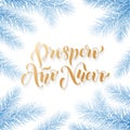 Prospero Ano Nuevo Spanish Happy New Year golden calligraphy hand drawn text on frozen snow blue wreath ornament for greeting card Royalty Free Stock Photo