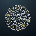 Prospero Ano Nuevo Spanish Happy New Year Navidad calligraphy lettering, golden snowflake star pattern decoration on white backgro