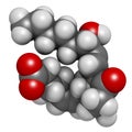 Prostaglandin D2 (PGD2) molecule. 3D rendering. Atoms are represented as spheres with conventional color coding: hydrogen (white