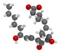 Prostaglandin D2 (PGD2) molecule. 3D rendering. Atoms are represented as spheres with conventional color coding: hydrogen (white