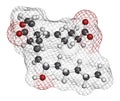 Prostaglandin D2 (PGD2) molecule. 3D rendering. Atoms are represented as spheres with conventional color coding: hydrogen (white