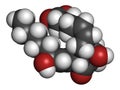 Prostaglandin D2 (PGD2) molecule. 3D rendering. Atoms are represented as spheres with conventional color coding: hydrogen (white