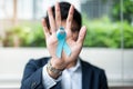 Prostate Cancer Awareness month, Business Man holding light Blue Ribbon with mustache for supporting people living and illness. Me Royalty Free Stock Photo