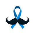 Prostate cancer blue ribbon with mustache in flat style. November awareness month symbol, vector illustration. Concept