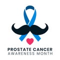 Prostate cancer blue ribbon with mustache in flat style. November awareness month symbol, vector illustration. Concept