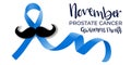 Prostate cancer blue ribbon with mustache vector realistic illustration. November awareness month hand drawn lettering