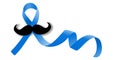 Prostate cancer blue ribbon with mustache vector realistic illustration. November awareness month symbol, vector