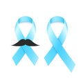 Prostate cancer ribbon awareness. Fighting cancer. Light blue ribbon with a man`s mustache. The month of November. Hope. Vector