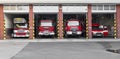 Prostejov, Czech Rep, Aug 14th 2017. Red fire fighter trucks parked in open garage. Fire brigade of the Czech republic