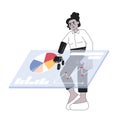 Prosthetic arm black woman touching analytics dashboard black and white 2D cartoon character