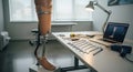 Prosthetic leg design and engineering workspace with tools in modern office. concept of biomedical innovation, precision Royalty Free Stock Photo