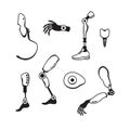 Prosthetic limbs flat icons. Modern Exoskeleton Prosthetic mechanism. Cyber prosthesis.