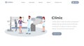 Prosthetics clinic flat homepage vector template. Doctor, surgeon and patient with artificial limb characters. Modern