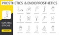 Prosthetics and endoprosthetics line icons set in vector, shoulder and leg and hand joint prosthesis, femoral and spine