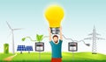 Prosumer. Renewable energy. Self-produced energy sharing. Ecological house. Photovoltaics. Man holding a light bulb in hand. Inves