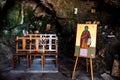 Interior of an old church cave with Christian saint pictures. Ayioi Saranta orthodox chapel