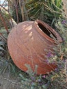 A pithos is a large ceramic vessel in which food was previously stored lying on the ground among plants