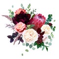 Protea flower, garden rose, burgundy red peony, peachy coral dahlia