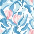 Protea flowers, leaves collage motif background in modern style