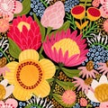 Protea seamless pattern. Bright Australian flowers on dark background. Hand drawn floral print Royalty Free Stock Photo