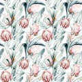 Protea seamless pattern flower. watercolor tropical leaves, hand painted illustration of exotic floral elements