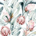 Protea seamless pattern flower. watercolor tropical leaves, hand painted illustration of exotic floral elements