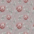 Protea seamless pattern flower. watercolor tropical leaves, hand painted illustration of exotic floral elements