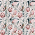 Protea seamless pattern flower. watercolor tropical leaves, hand painted illustration of exotic floral elements background, can be