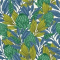 Protea seamless pattern. Linear sketchy style wild flower elements. Vintage fabric design. Vector illustration