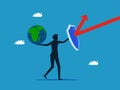 Protect the global economic crisis. man with shield protecting earth from arrow Royalty Free Stock Photo