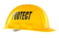 Protect helmet, yellow construction hard hat with black text. 3D rendering Royalty Free Stock Photo